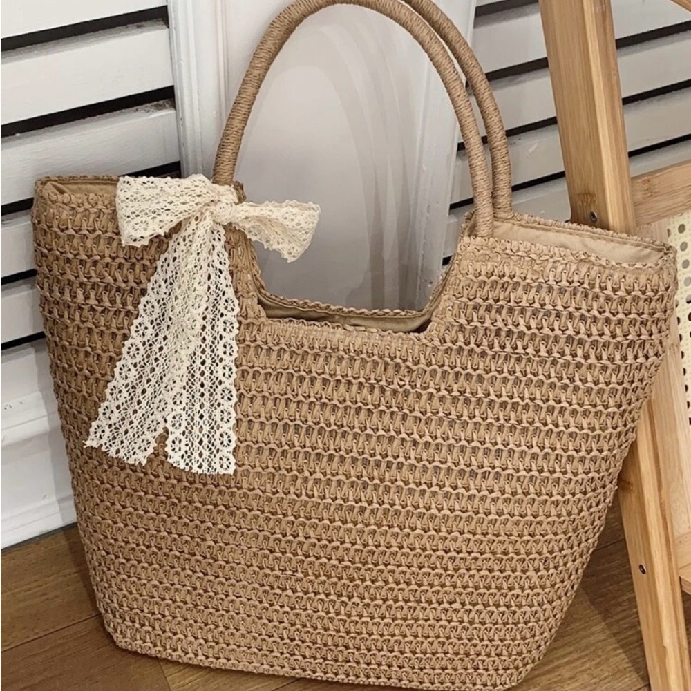 Large Woven Straw Tote Bag Boho Beach Shoulder Bag w Lace Bow